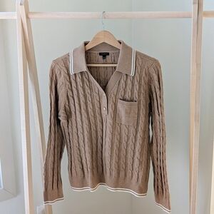 Vintage Striped Trim Cable-Knit Polo Collared Sweater In Tan